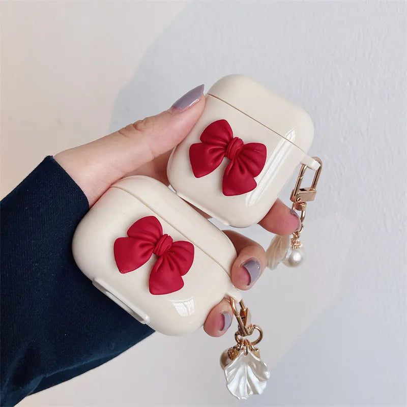 3D Red Bow AirPod Case with Pearl & Shell Charm