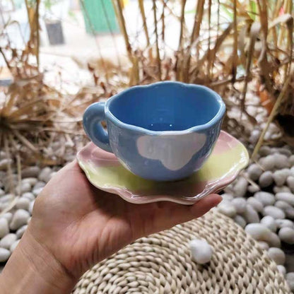 Hand-Painted Blue Sky and Cloud Porcelain Coffee Cup & Saucer Set