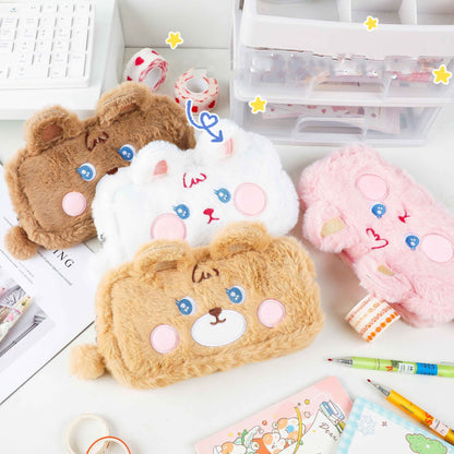 Japanese Soft Plush Bear & Rabbit Zipper Pencil Case with Cute Embroidery Design