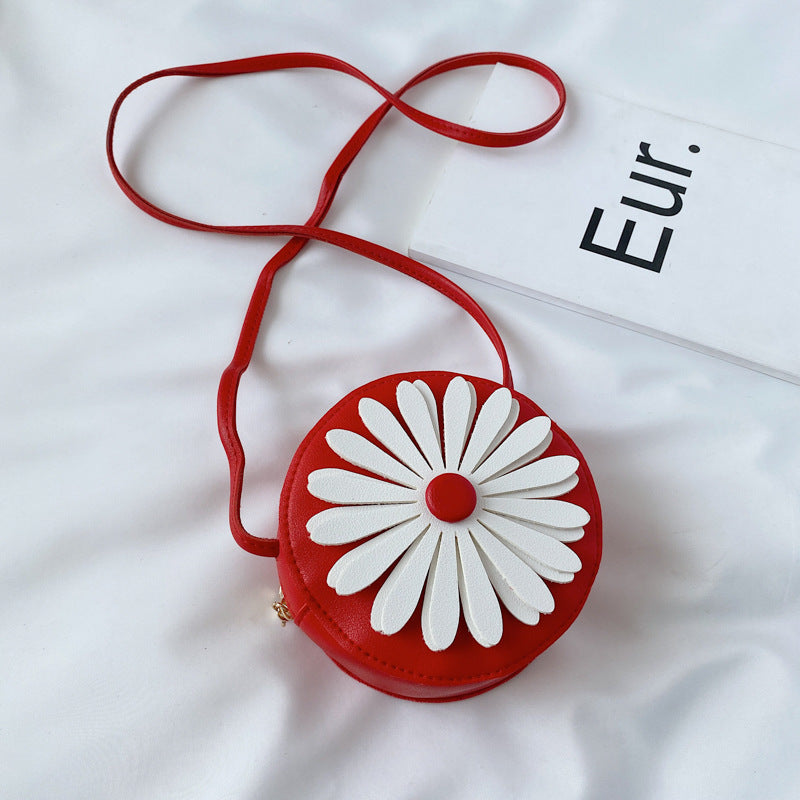 Daisy Flower Round Leather Coin Purse with Strap for Kids