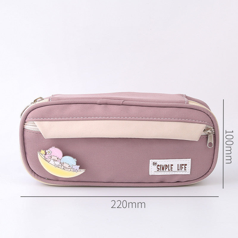 Large Capacity Canvas Zipper Pencil Case with Cute Character Patches