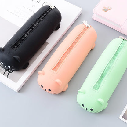 Small Cat-Shaped Silicone Pencil Case with Zipper in Bright Colors