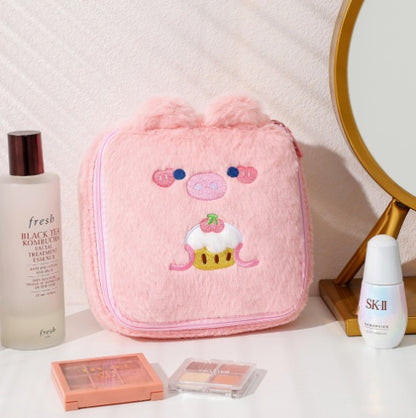 Cute Plush Animal Square Makeup Bags with Bear, Cat, Rabbit, & Pig Design