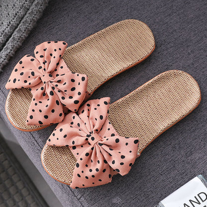 Polka Dot Bow Linen Open-Toe Non-Slip Summer Slippers for Women