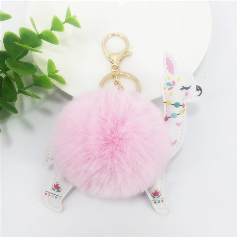 Cute Alpaca Keychain with Fur Ball & Colorful Floral Design