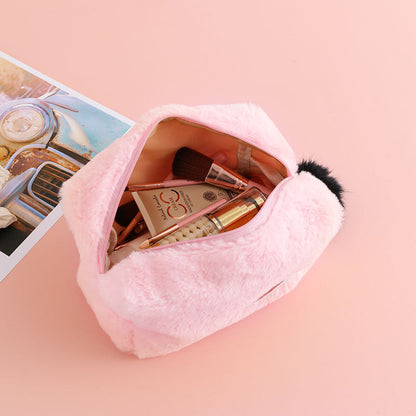 Cute Pink & Black Plush Zipper Makeup Bags with Pom-Pom Accent