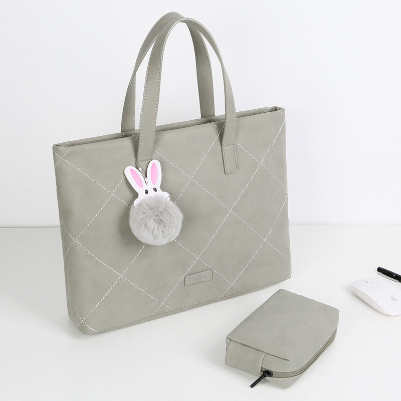 Elegant Laptop Case for Women with Handle, Charger Pouch & Bunny Fur Ball Charm