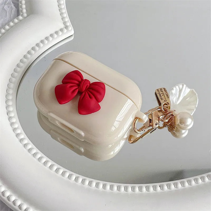 3D Red Bow AirPod Case with Pearl & Shell Charm
