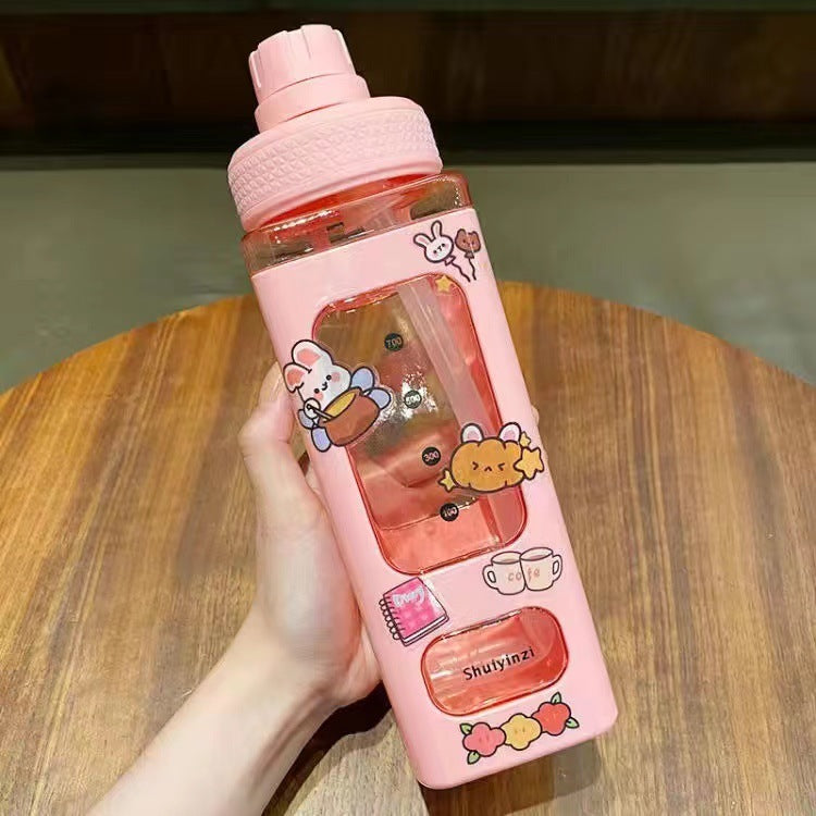 Large Korean Silicone Water Bottle with Cute 3D Stickers Design