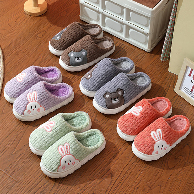 Cute Bear & Rabbit Plush Winter Slippers for Women – Thick Sole