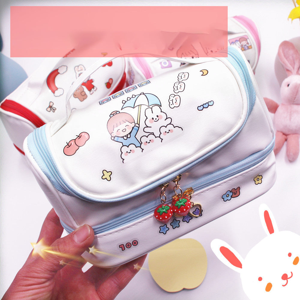 Cute Double-Layer Large Cosmetic Bag with Cartoon Print Design