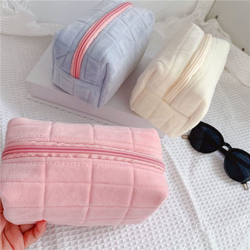 Plush Checkered Travel Makeup Bag in Pink, Blue, and White Color