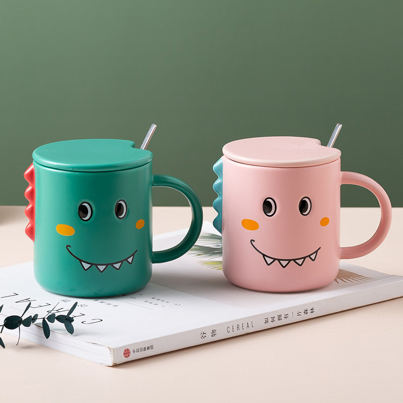 Cute Dinosaur Ceramic Coffee Mugs with Lids – Green , Pink & Yellow Color