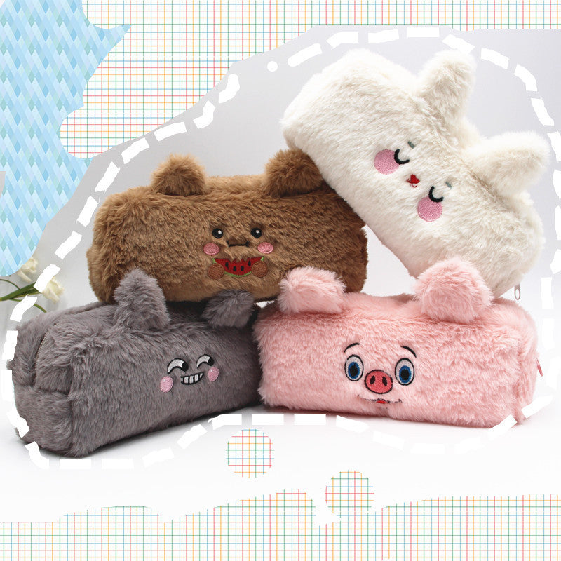 Cute Plush Rabbit & Bear Cartoon Pencil Case with Soft Fur Design