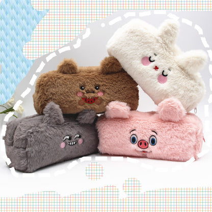 Cute Plush Rabbit & Bear Cartoon Pencil Case with Soft Fur Design