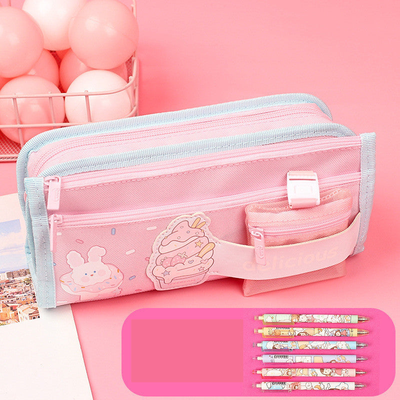 Large Capacity Cute Canvas Zipper Pencil Case for Girls