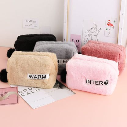 Cute Pink & Black Plush Zipper Makeup Bags with Pom-Pom Accent