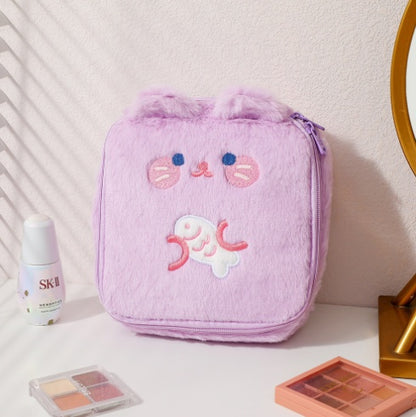 Cute Plush Animal Square Makeup Bags with Bear, Cat, Rabbit, & Pig Design