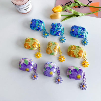 Glossy Oil Painted Floral Airpod Case with Daisy Charm Clip