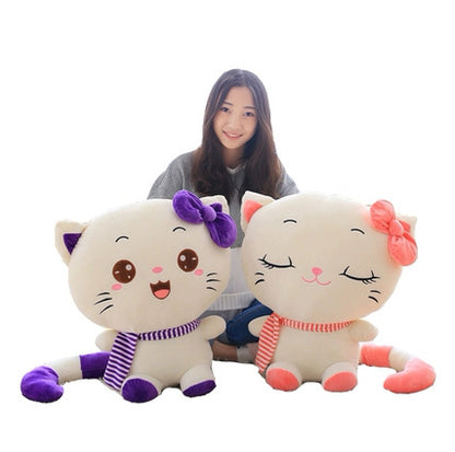 Cute Large Cat Plush Toy Set with Pink-Purple Scarf & Bow