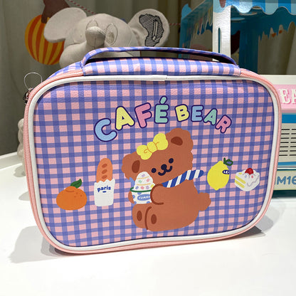 Checkered Multi-Pocket Makeup Bag with Cute Bear Print