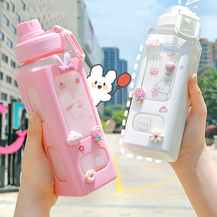 Large Korean Silicone Water Bottle with Cute 3D Stickers Design