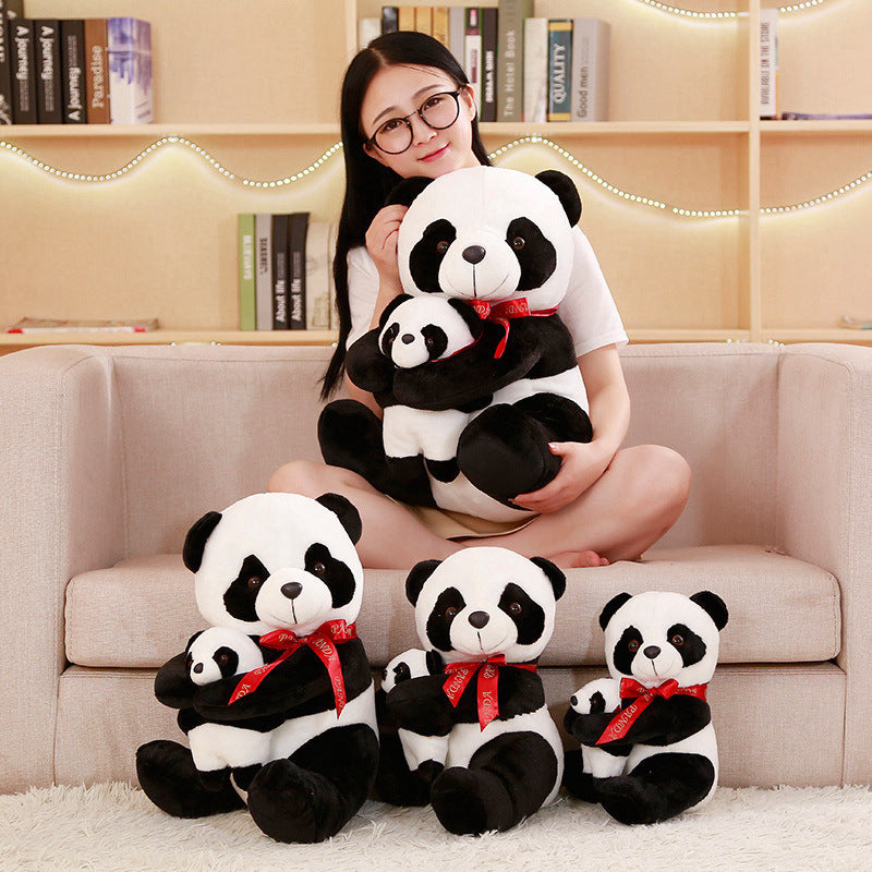 Giant Stuffed Panda Plush Toy Set with Baby Panda & Red Bows