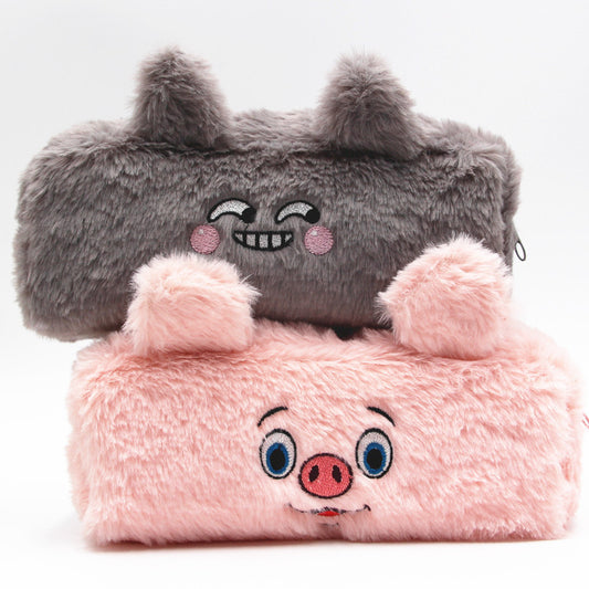 Cute Plush Rabbit & Bear Cartoon Pencil Case with Soft Fur Design