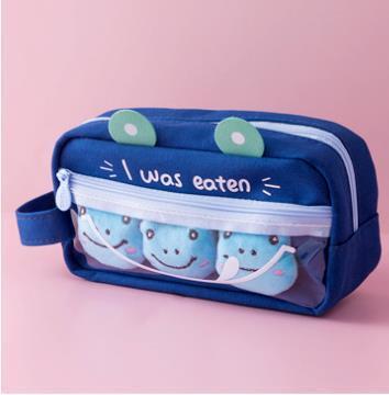 Large Canvas Pencil Case with Fun Frog & Animal Zipper Pouch Design