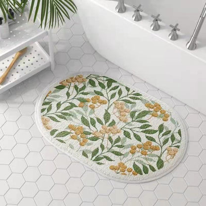 Elegant Oval Floral Bathroom Mat - Absorbent, Non-Slip & Washable