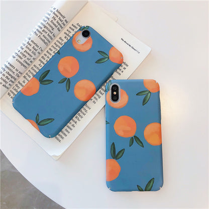 Retro Orange Phone Case with Bright Blue Background & Fruit Pattern