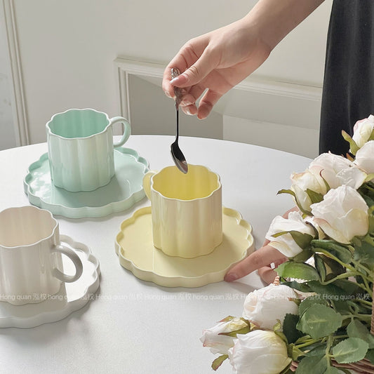 Scalloped Modern Ceramic Cup and Saucer Set in Blue, White, Yellow Color