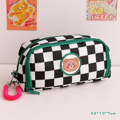 Cute Checked Japanese Cloth Pencil Case with Large Capacity & Cartoon Patches