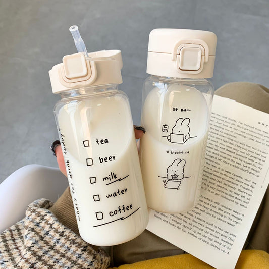 Adorable Transparent Sippy Water Bottles with Straw – Cute Cartoon Design