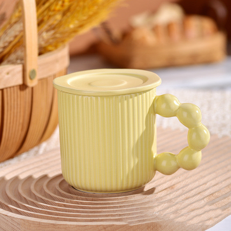 Modern Ceramic Mugs with Bubble Handle in Blue, Pink, Yellow, Purple Colour