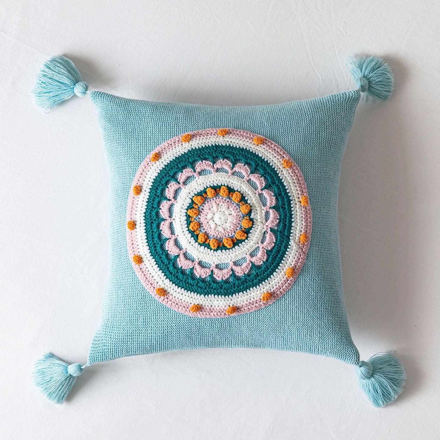 Knitted Mandala Pillow Covers with Tassels – Pink, Green, Blue, Yellow