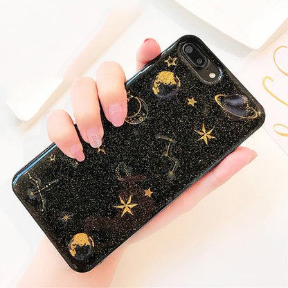 Black & White Phone Case with Planet & Glitter Stars Design