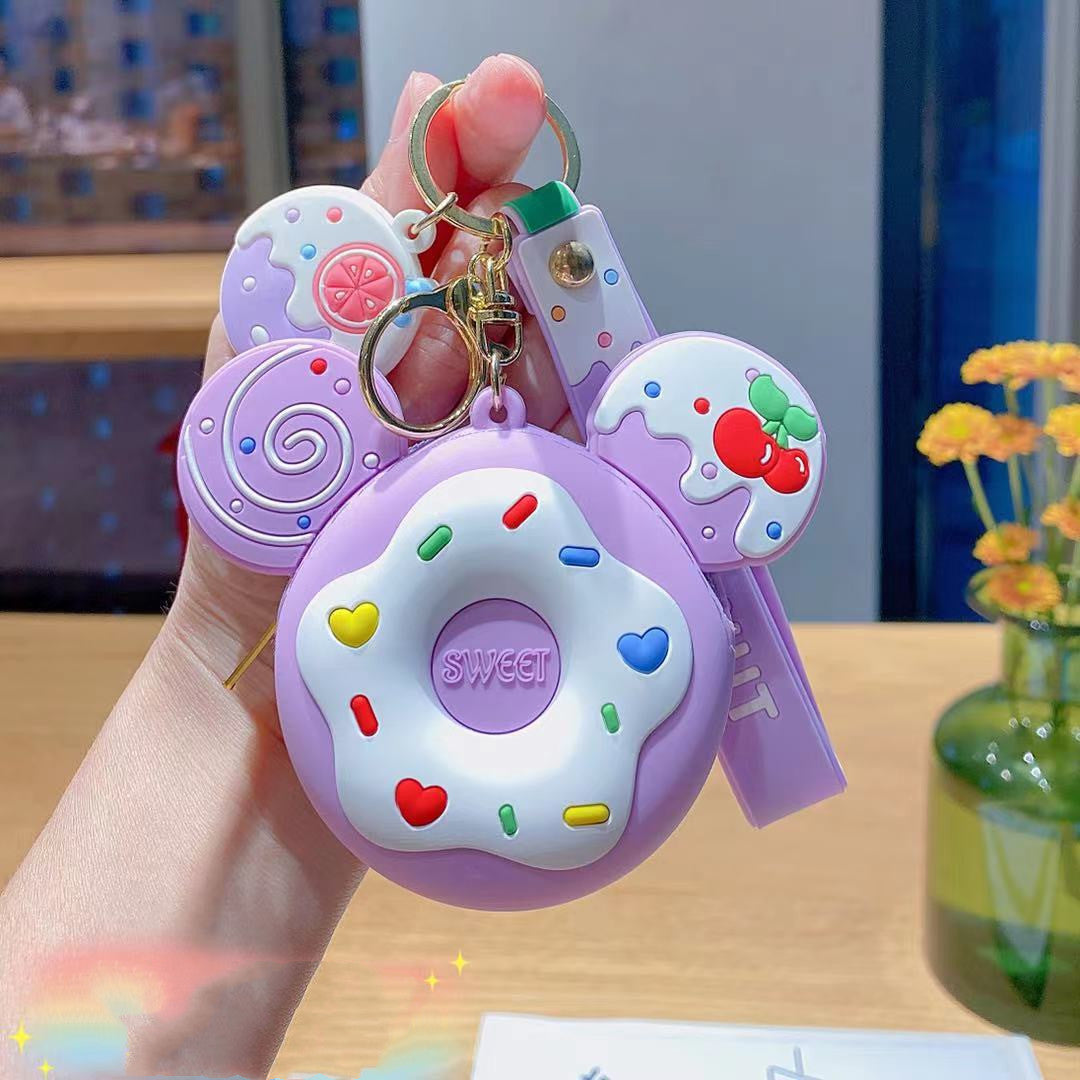 Cute Silicone Donut Coin Purse Keychain with Zipper & Earphone Case