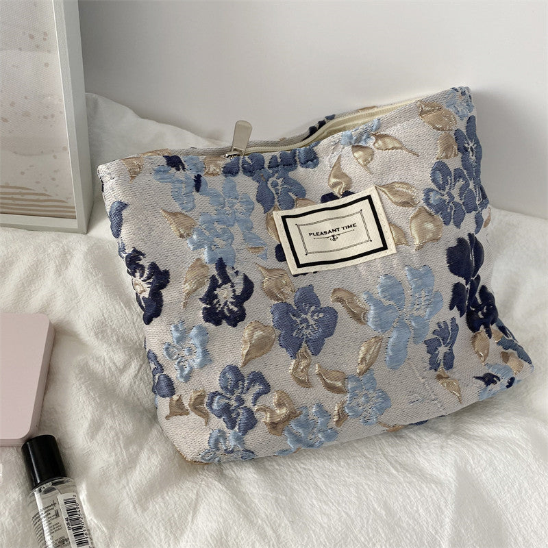 Small Square Zipper Floral Cosmetic Bag with Textured Design