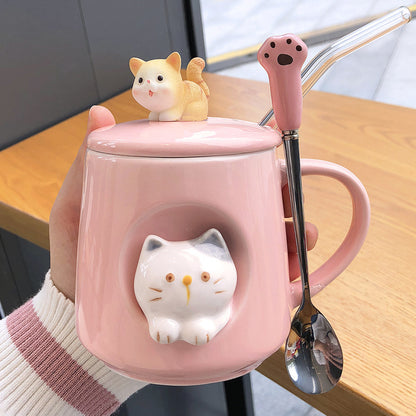 Cat-Themed Ceramic Coffee Mugs with Lid, Spoon and Straw