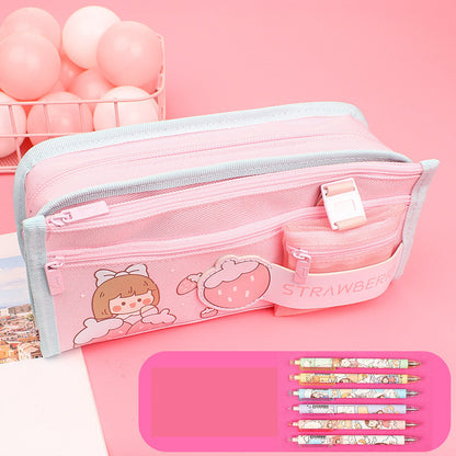 Large Capacity Cute Canvas Zipper Pencil Case for Girls