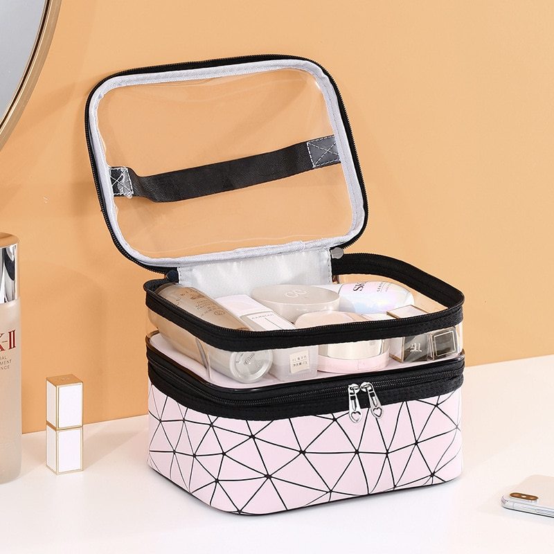 Geometric Waterproof Large Travel Makeup Bag with Clear Top