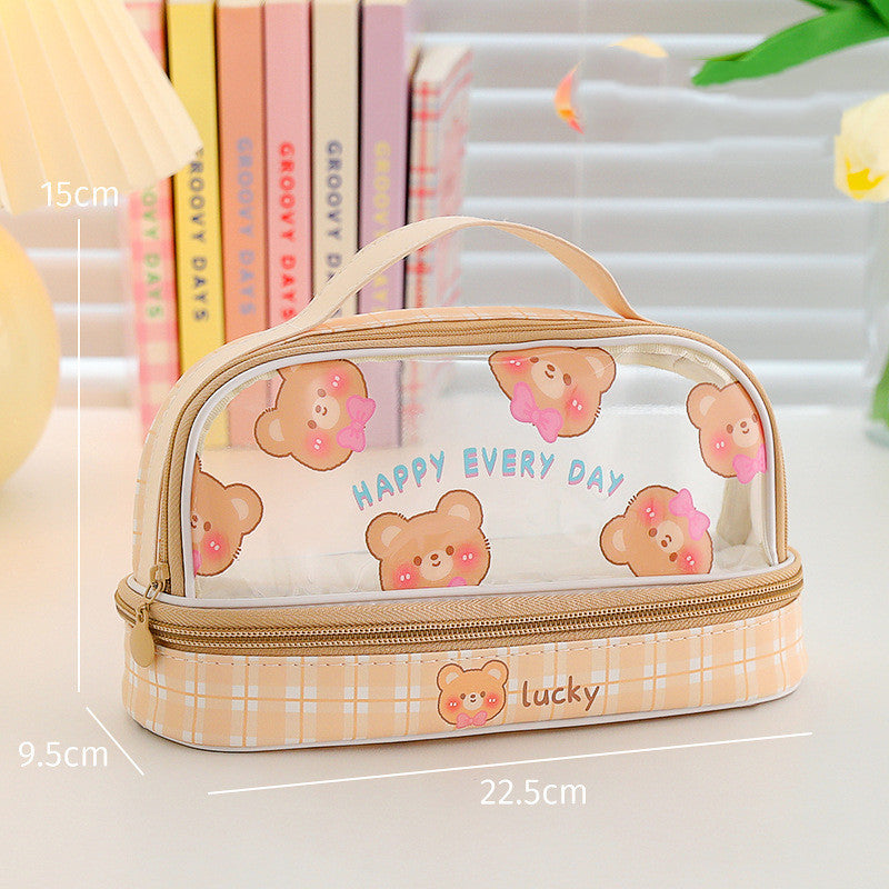 Cute Transparent Animal Pencil Cases with Cat, Bunny, Bear & Plaid Patterns