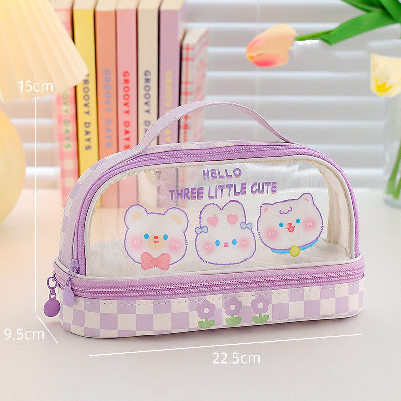 Cute Transparent Animal Pencil Cases with Cat, Bunny, Bear & Plaid Patterns