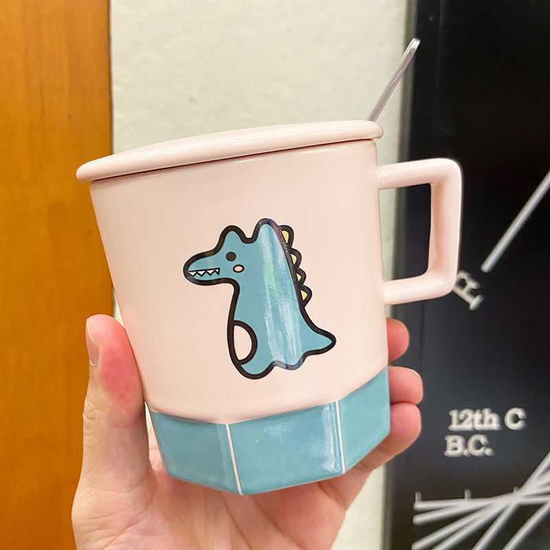 Cute Dinosaur Ceramic Mugs with Lid – Playful Pink & Yellow Variants