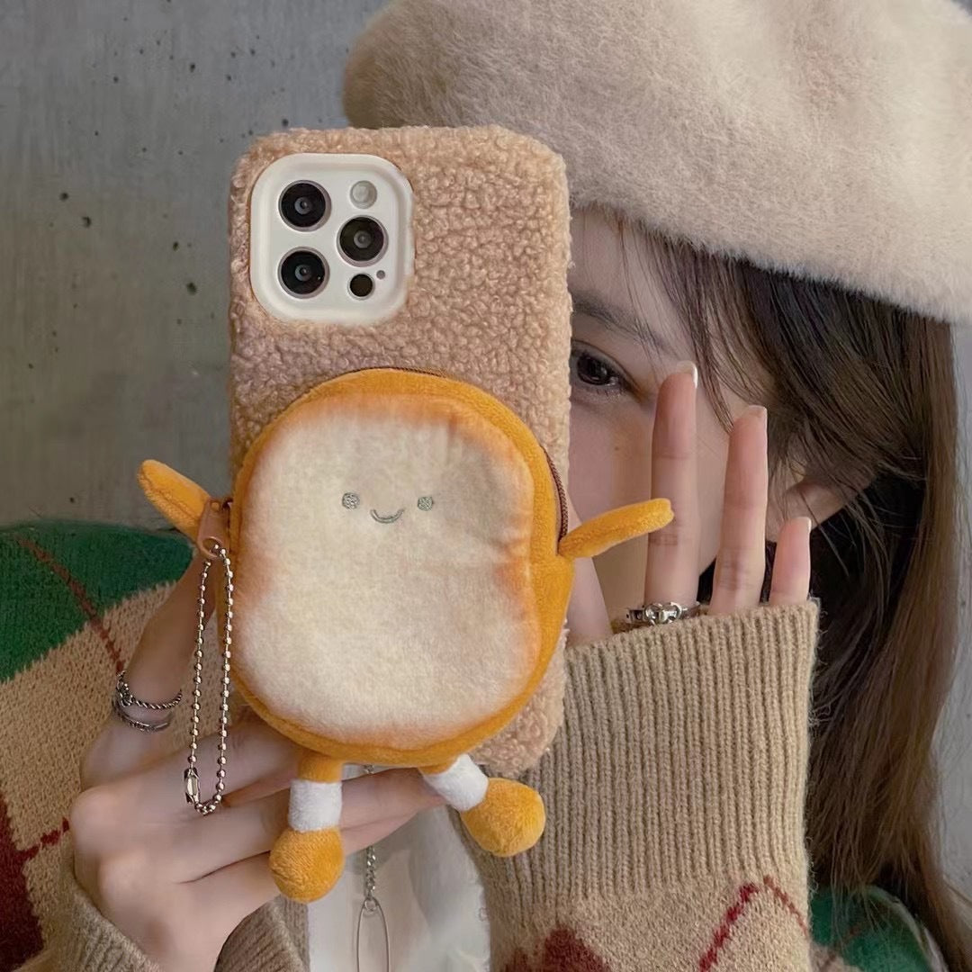 Plush Cartoon Purse Phone Case in Cute Toast Design with Soft Texture