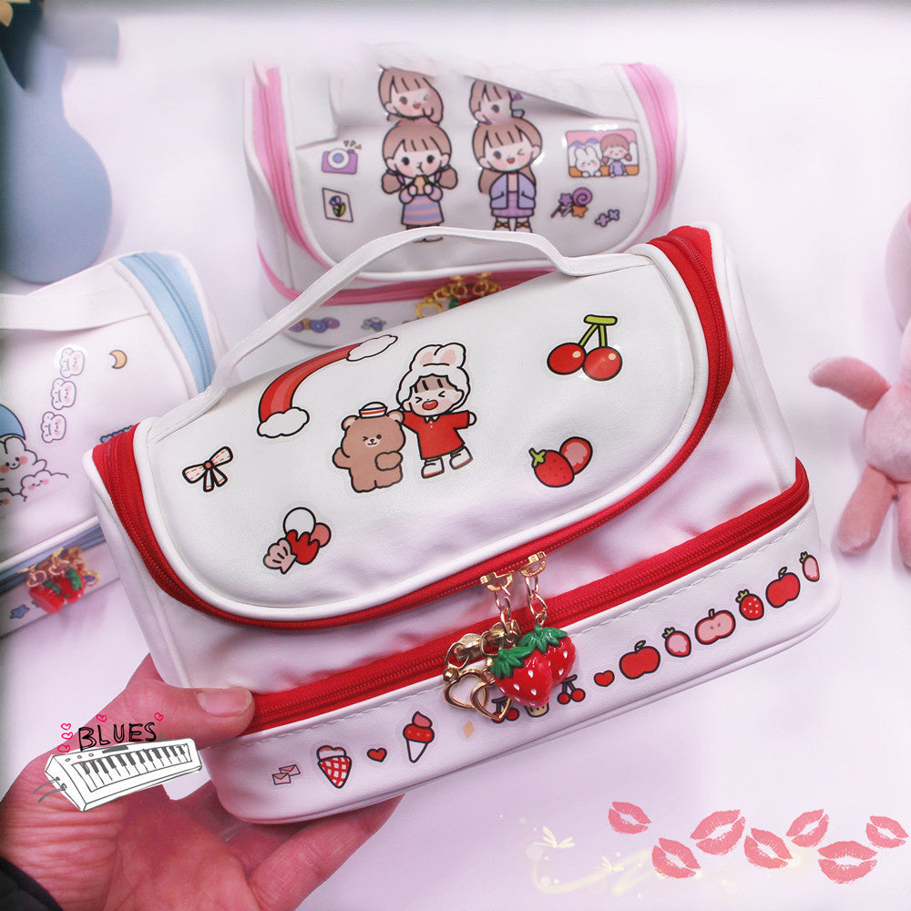 Cute Double-Layer Large Cosmetic Bag with Cartoon Print Design