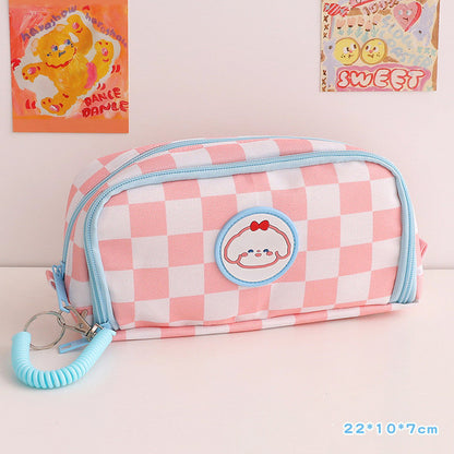 Cute Checked Japanese Cloth Pencil Case with Large Capacity & Cartoon Patches