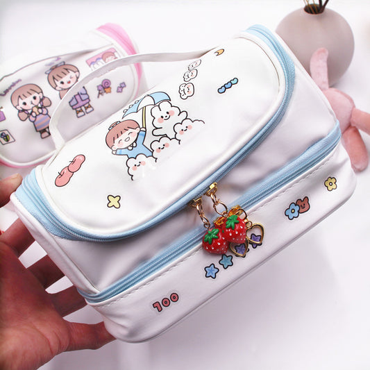 Cute Double-Layer Large Cosmetic Bag with Cartoon Print Design