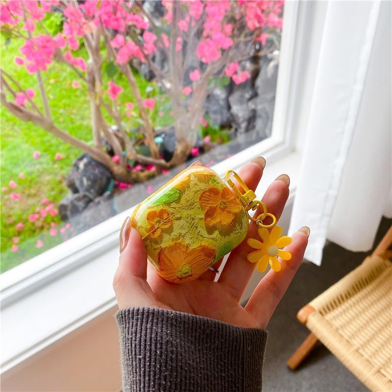 Glossy Oil Painted Floral Airpod Case with Daisy Charm Clip